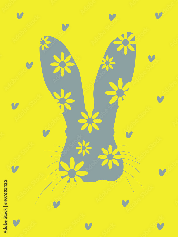 Cute hare with big ears on a postcard for Easter Day. Happy Easter. Illuminating and Ultimate gray. Vector illustration.