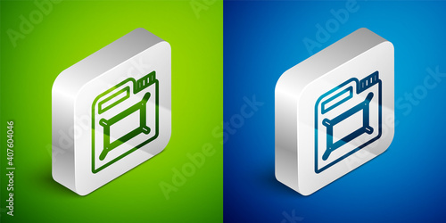 Isometric line Canister for motor machine oil icon isolated on green and blue background. Oil gallon. Oil change service and repair. Engine oil sign. Silver square button. Vector.