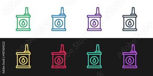 Set line Canister for motor machine oil icon isolated on black and white background. Oil gallon. Oil change service and repair. Vector.