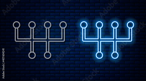 Glowing neon line Gear shifter icon isolated on brick wall background. Transmission icon. Vector.