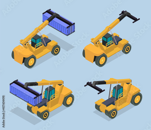 Vector isometric illustration of reach stacker. Front and back sides of container loader.