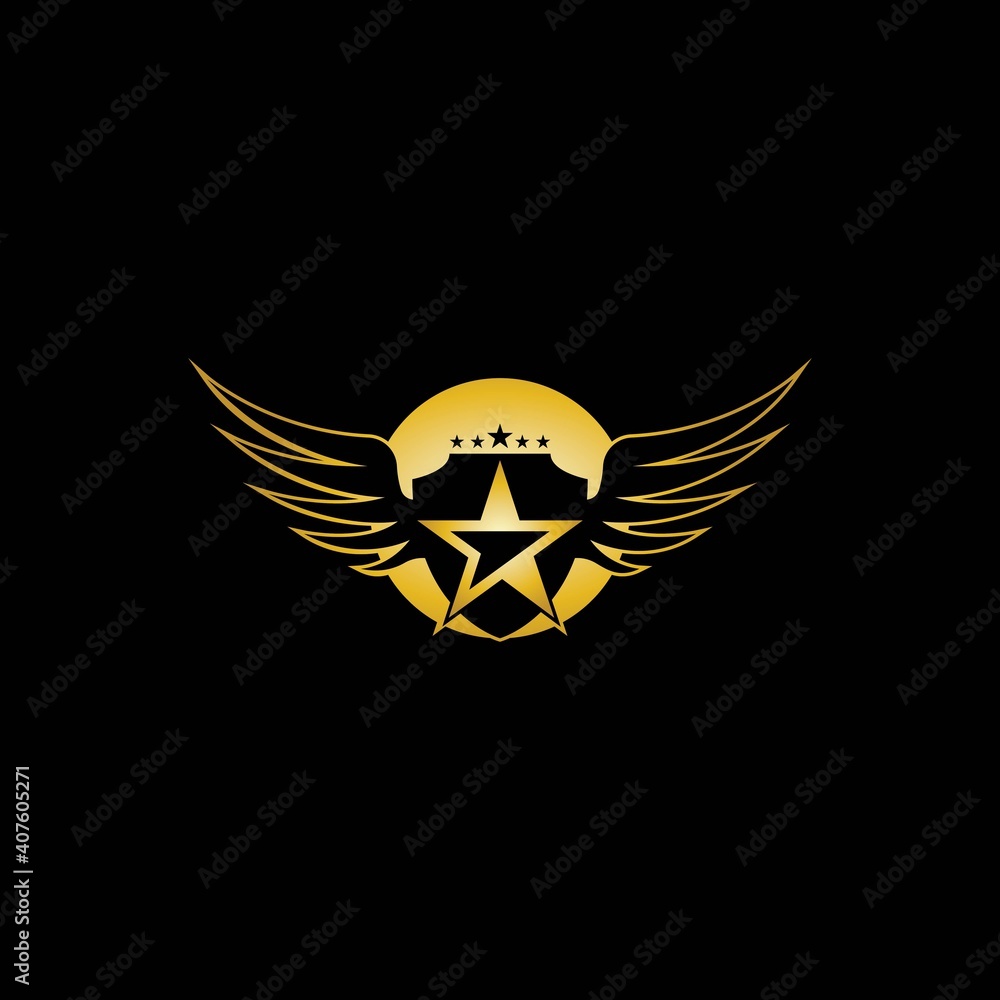 Gold Winged Shield with Star in the middle Logo Vector in Elegant Style with Black Background Gold Winged Shield with Star in the middle Logo Vector in Elegant Style with Black Background