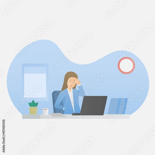 Concept of office syndrome in Office worker,business woman sitting on chair in workplace with back injury muscles and Headache stress  caused by a long computer use and work overtime,Vector.