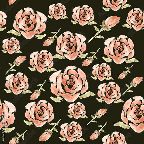 Rose seamless pattern in dark background. Hand-drawn watercolor illustration.  Great for printing, fabric, textile, surface design, etc.