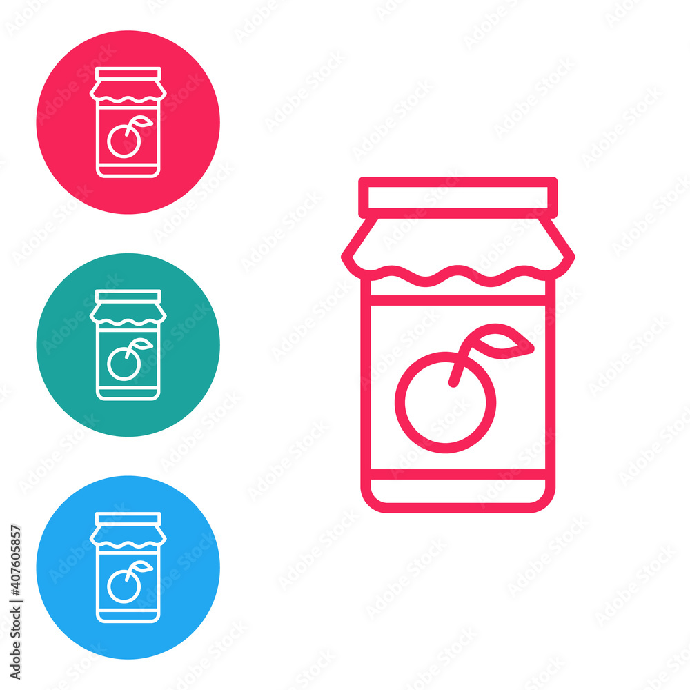Red line Jam jar icon isolated on white background. Set icons in circle buttons. Vector. Red line Jam jar icon isolated on white background. Set icons in circle buttons. Vector.