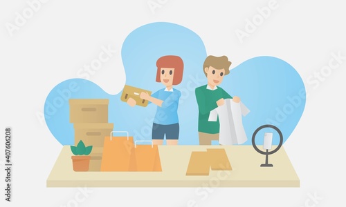 Live commerce video,live streaming online selling,Influencer marketing,blogger woman and man recording review product by camera and smartphone,viral internet social media interacting to audience.