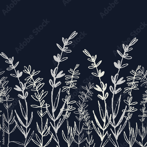Seamless monochrome border pattern with hand drawn lavender for textile, clothing, background design. White on dark blue