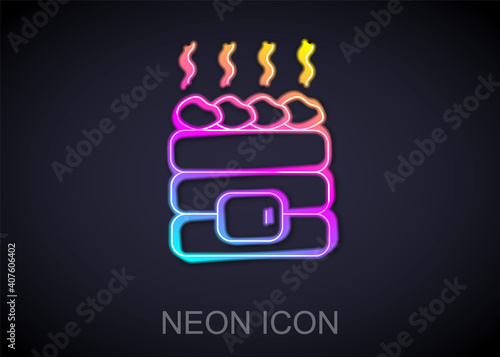 Glowing neon line Hot sauna stones icon isolated on black background. Spa resort recreation, bathhouse relaxation. Hot stones on electric heater. Vector.
