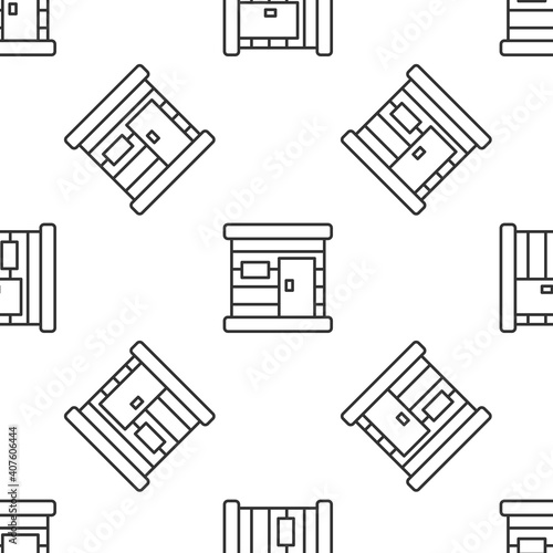 Grey line Sauna wooden bathhouse icon isolated seamless pattern on white background. Heat spa relaxation therapy bath and hot steam healthcare, relax therapy. Vector.