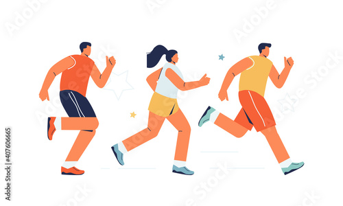 Running people marathon race. Healthy lifestyle and hobbies. Vector modern illustration