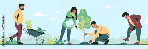 Young volunteers plant trees in city park in the spring. Group people work together to improve the environment. Flat vector illustration