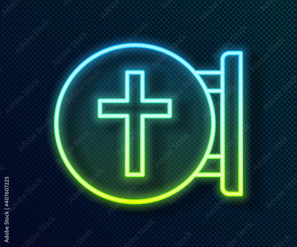Obraz premium Glowing neon line Christian cross icon isolated on black background. Church cross. Vector.