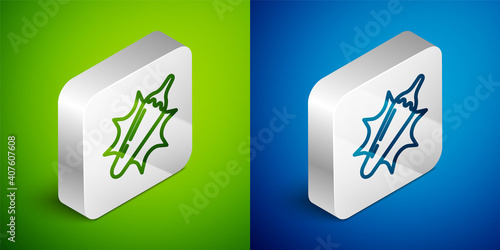 Isometric line Hot chili pepper pod icon isolated on green and blue background. Design for grocery, culinary products, seasoning and spice package, cooking book. Silver square button. Vector.