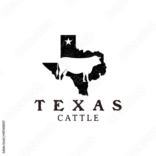Texas Cow Cattle Vintage with Map and Star Logo Design
