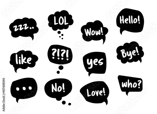 Set of speech bubbles in comic style. Hand drawn with phrases Wow, Hello, No, Yes, Who, Bye, love. Black thought bubbles. Vector illustration doodle style isolated.