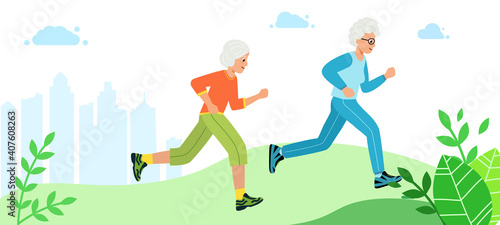 Two grandmothers run through the city Park, the concept of a healthy lifestyle and longevity. Vector illustration in modern flat style. Older woman play sports