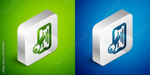 Isometric line Glass screen protector for smartphone icon isolated on green and blue background. Protective film for glass. Transparent soft glass for mobile phone. Silver square button. Vector.