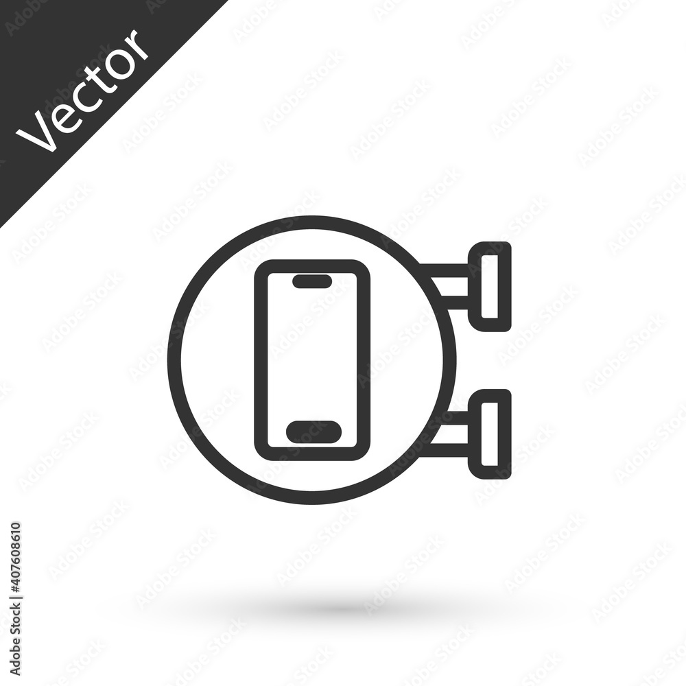 Grey line Phone repair service icon isolated on white background. Adjusting, service, setting, maintenance, repair, fixing. Vector. Grey line Phone repair service icon isolated on white background. Adjusting, service, setting, maintenance, repair, fixing. Vector.