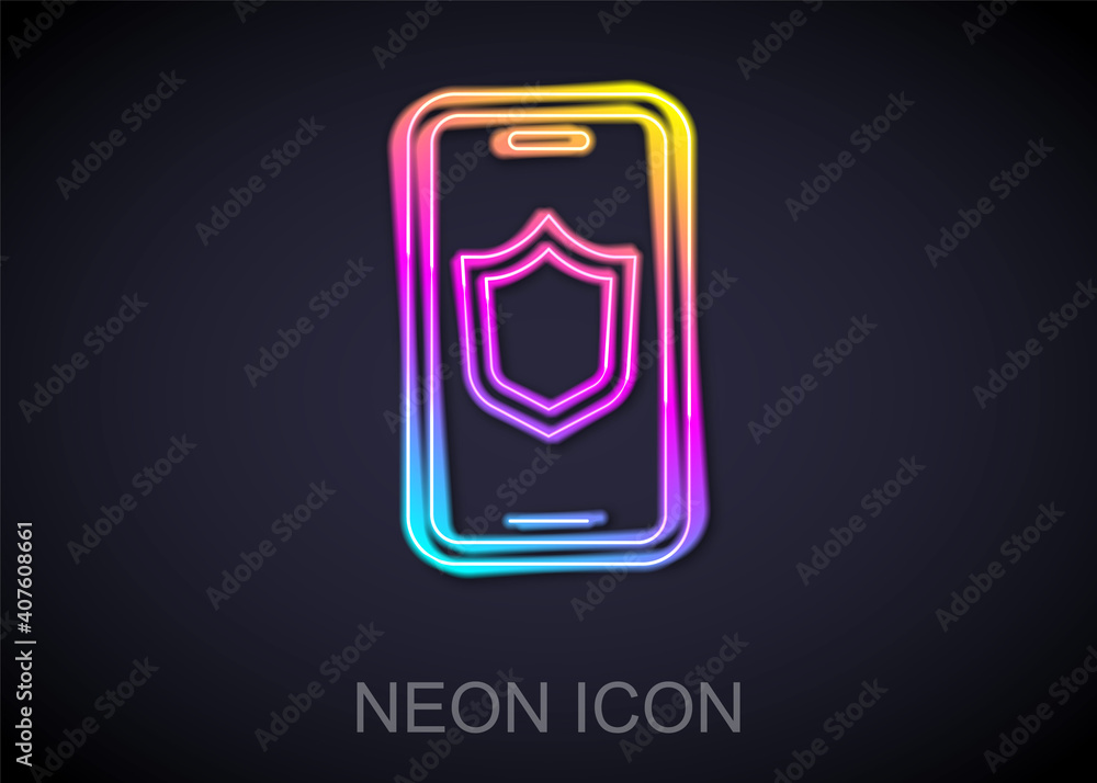 Glowing neon line Smartphone, mobile phone with security shield icon isolated on black background. Security, safety, protection concept. Vector. Glowing neon line Smartphone, mobile phone with security shield icon isolated on black background. Security, safety, protection concept. Vector.