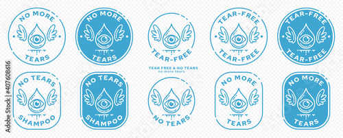 Conceptual stamps for product packaging. Marking - no tears. Stamp with the symbol of the free. A drop with an eye and wings - a symbol of one free from tears. Vector grouped elements.