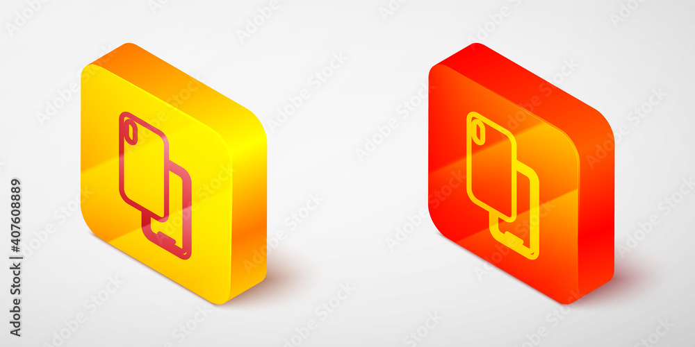 Isometric line Smartphone, mobile phone icon isolated on grey background. Yellow and orange square button. Vector. Isometric line Smartphone, mobile phone icon isolated on grey background. Yellow and orange square button. Vector.