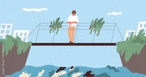 Ecological catastrophe and water contamination concept. Young man standing on...