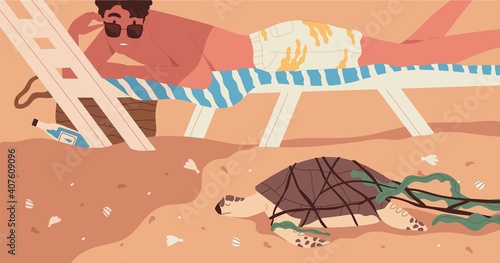 Extinction of wild species concept. Endangered animal extincting on dirty trashed planet. Sea turtle or tortoise dead from polluted environment. Colorful flat vector illustration