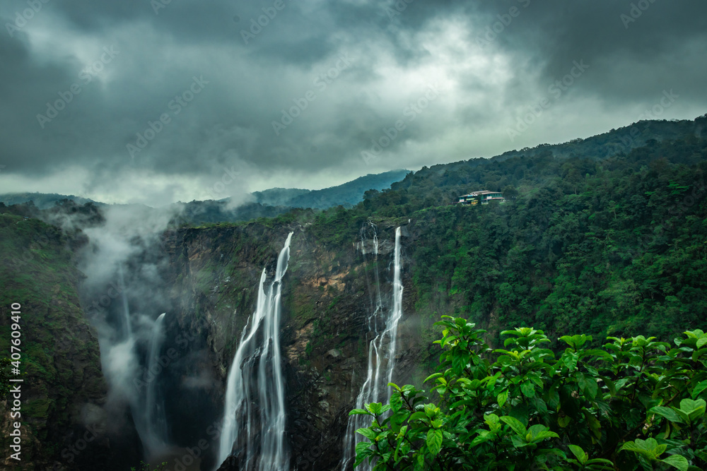 waterfall with lush green forests of western ghat from flat angle