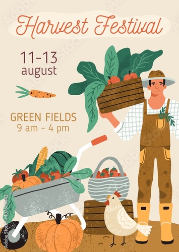Template design of announcement flyer with place for text. Promo poster or banner for organic and local market event. Vertical flat textured vector illustration with happy farmer and vegetables