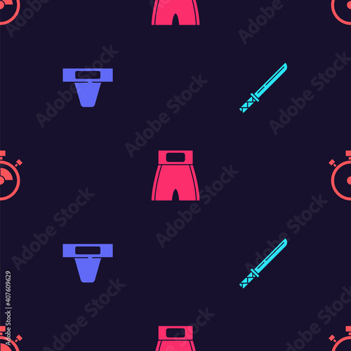 Set Japanese katana, Groin guard, Boxing short and Stopwatch on seamless pattern. Vector.