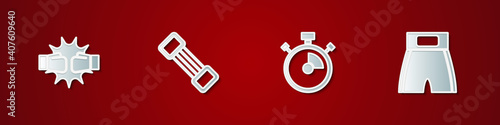 Set Punch in boxing gloves, Chest expander, Stopwatch and Boxing short icon. Vector.