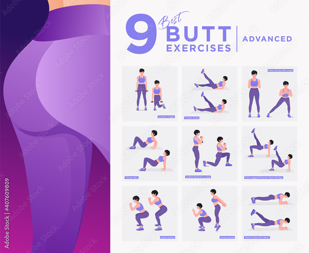 Beginner Level - Glute Exercises Set. Buttocks  workout vector Set. Women doing fitness exercises. 