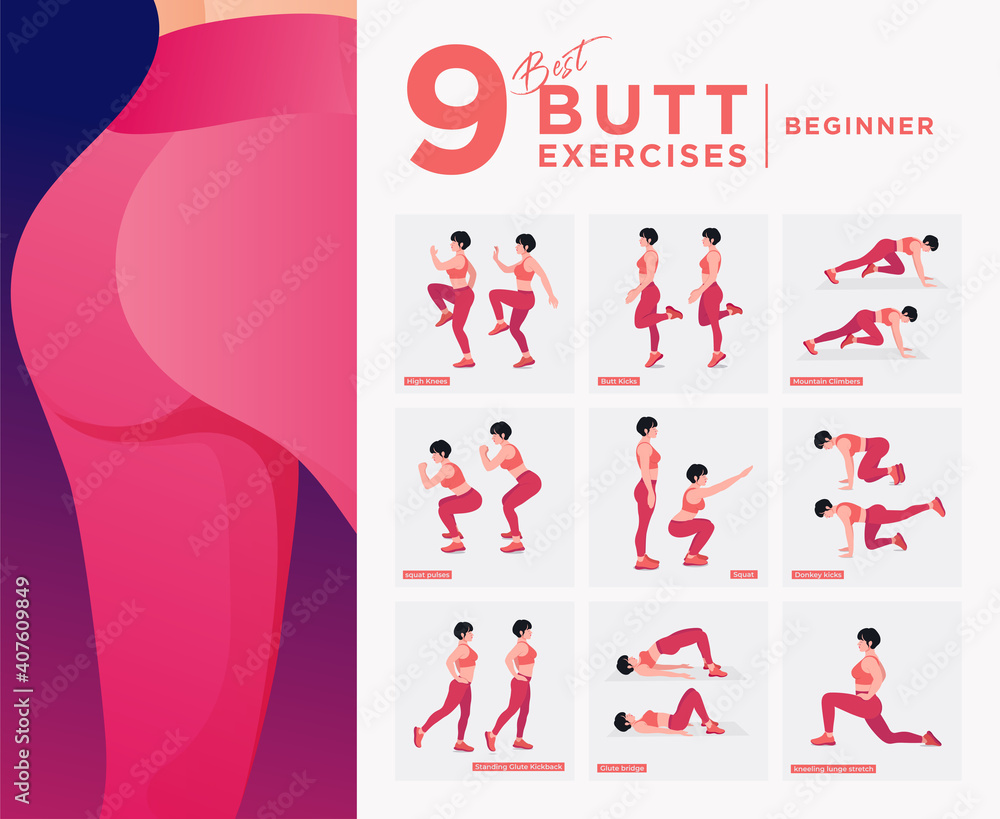 Advanced Level Glute Exercises Set. Buttocks workout vector Set