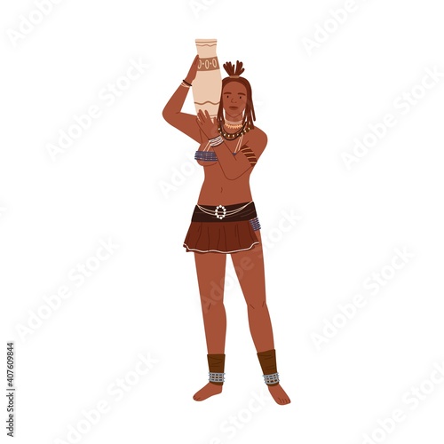 African tribal woman holding vase on shoulder. Young barefoot female member o...