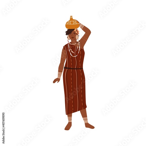 African tribal woman carrying vase or pitcher on head. Young female member of...