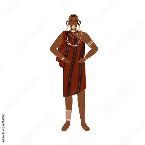 African man of aboriginal tribe wearing traditional clothes and ethnic tribal accessories like necklaces, bracelets and lip plate. Colorful flat vector illustration isolated on white background