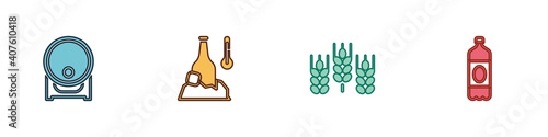 Set Wooden barrel on rack, Cold beer bottle, Wheat and Plastic icon. Vector.