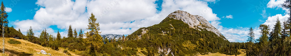 Fototapeta premium High resolution stitched panorama of a beautiful alpine summer view at the famous Tauplitzalm, Salzkammergut, Steiermark, Austria