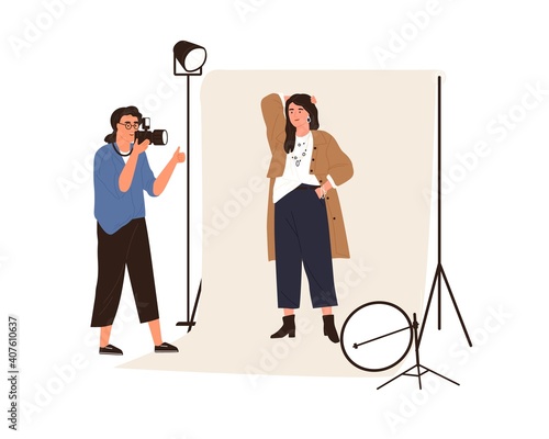 Portrait photography backstage. Female photographer taking photo or shooting professional model posing in studio with professional pulse light. Flat vector illustration isolated on white background