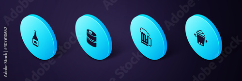 Set Isometric Ice bucket, Wooden beer mug, Metal keg and Beer bottle icon. Vector.
