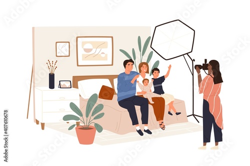 Family portrait photography backstage. Photographer shooting smiling couple with children in photo studio interior with professional light. Flat vector illustration isolated on white background