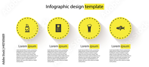 Set Bottle opener, Beer menu, Glass of beer and Dried fish. Business infographic template. Vector.