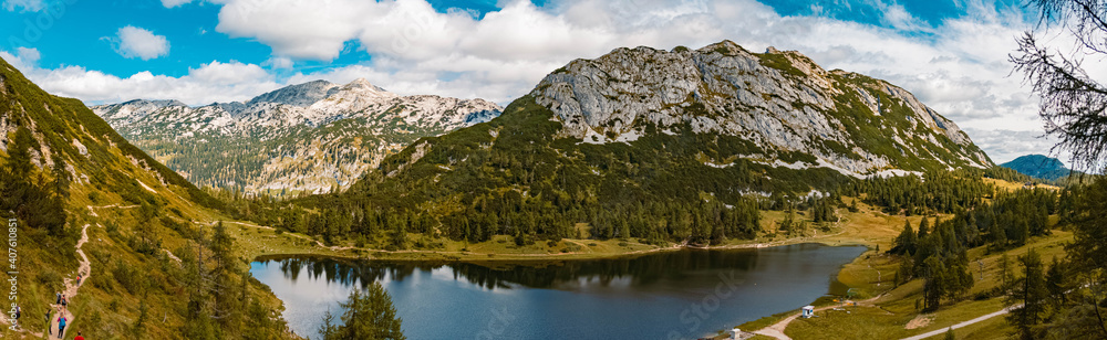 High resolution stitched panorama of a beautiful alpine summer view with reflections in a lake at the famous Tauplitzalm, Salzkammergut, Steiermark, Austria