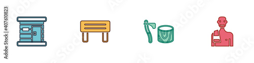 Set Sauna wooden bathhouse, bench, Wooden axe in stump and Man the sauna icon. Vector.