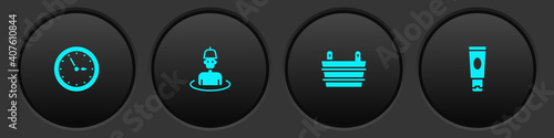 Set Sauna clock, Man in the sauna, bucket and Cream or lotion cosmetic tube icon. Vector.