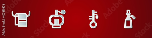 Set Towel on a hanger, Aftershave, Sauna thermometer and Essential oil bottle icon. Vector.