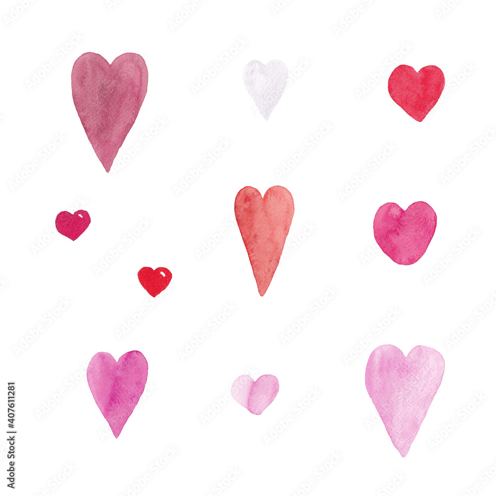 Paint set of watercolor hearts a white background. Use for holiday, invitations, birthdays