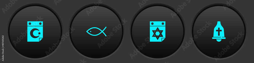 Set Star and crescent, Christian fish, Jewish calendar and Church bell icon. Vector. Set Star and crescent, Christian fish, Jewish calendar and Church bell icon. Vector.