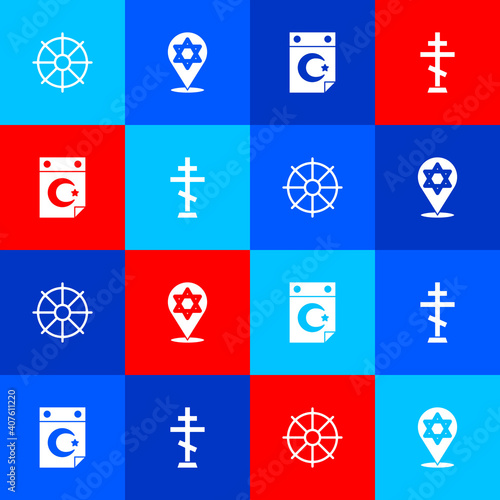 Set Dharma wheel, Star of David, and crescent and Christian cross icon. Vector.