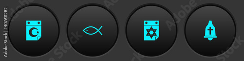 Set Star and crescent, Christian fish, Jewish calendar and Church bell icon. Vector.